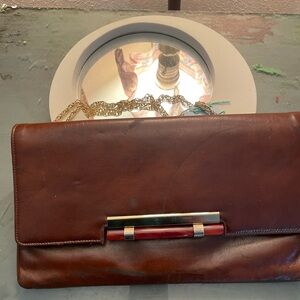 Madame Brown Leather Clutch with Gold Chain 1970s